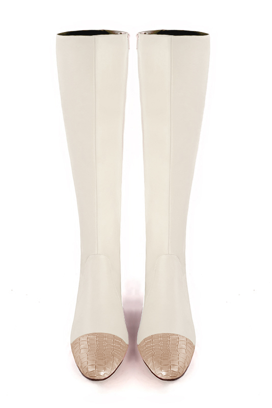 Tan beige and off white women's feminine knee-high boots. Round toe. Low flare heels. Made to measure. Top view - Florence KOOIJMAN